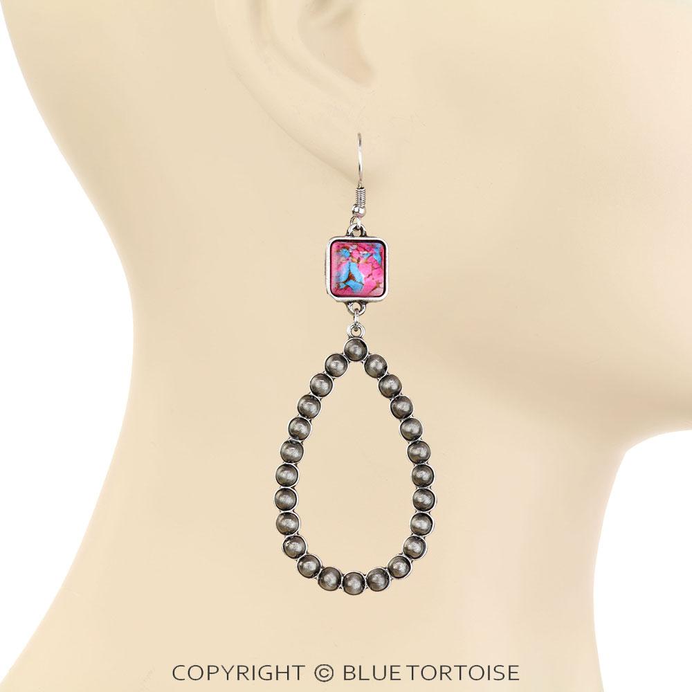 Navajo Style Pearl Teardrop Stone Dangle Earrings - Image 2