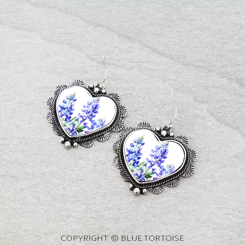 Western Heart Bluebonnet Dangle Earrings