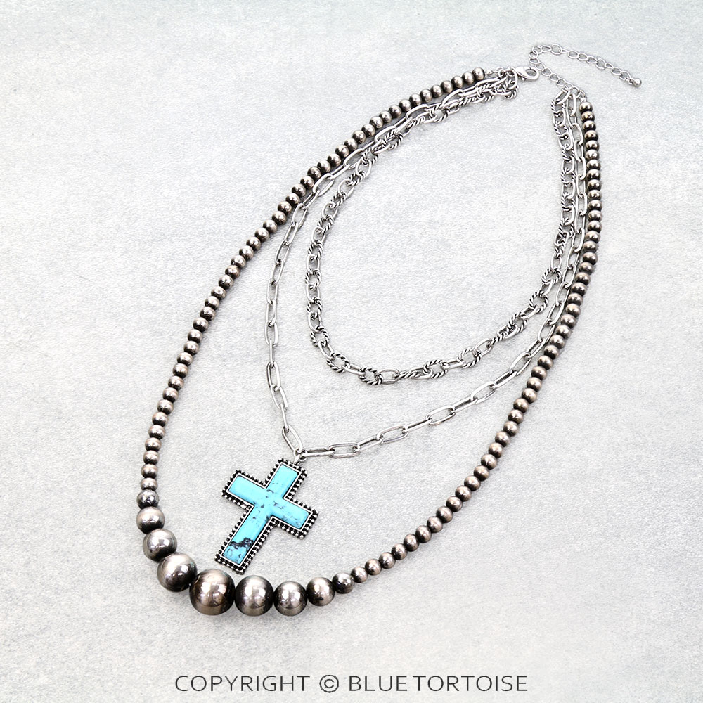 3 Layered Western Cross & Pearl Necklace