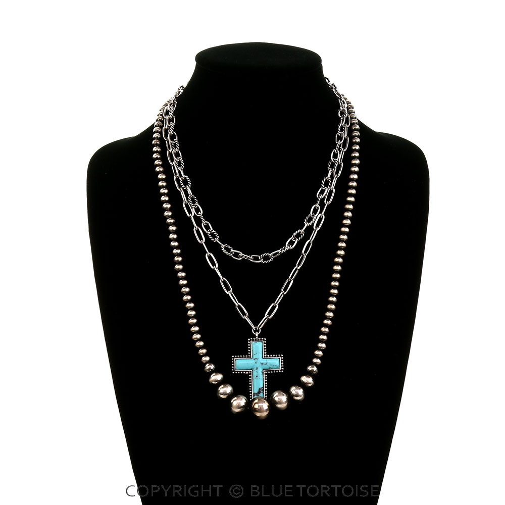 3 Layered Western Cross & Pearl Necklace - Image 2