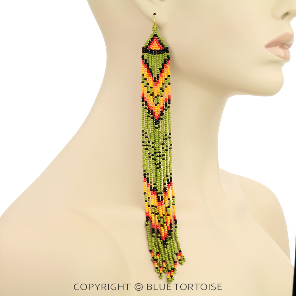 8″ Long Seed Bead Fringe Dangle Earrings Bluetortoisewholesale