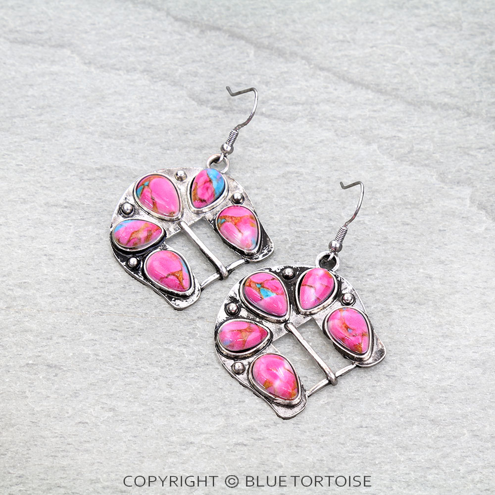 Western Belt Buckle Stone Dangle Earrings