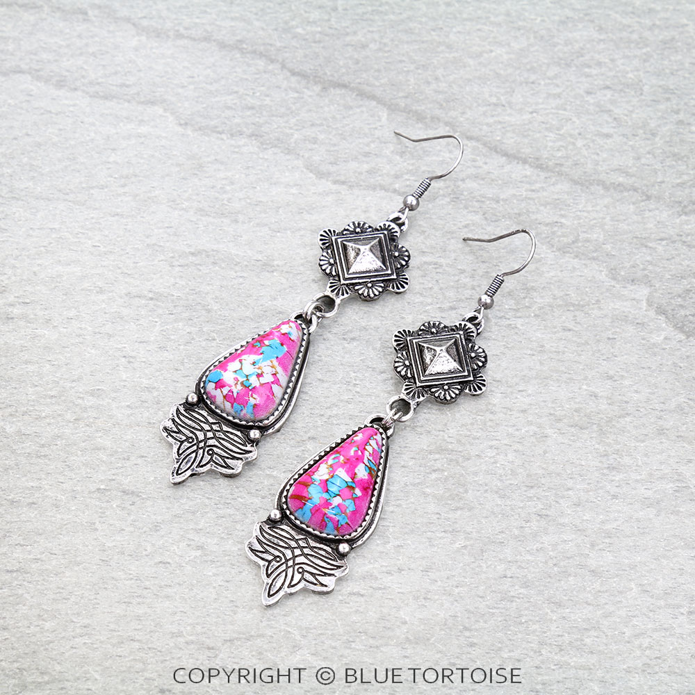 Western Boot Stitch Stone Dangle Earrings