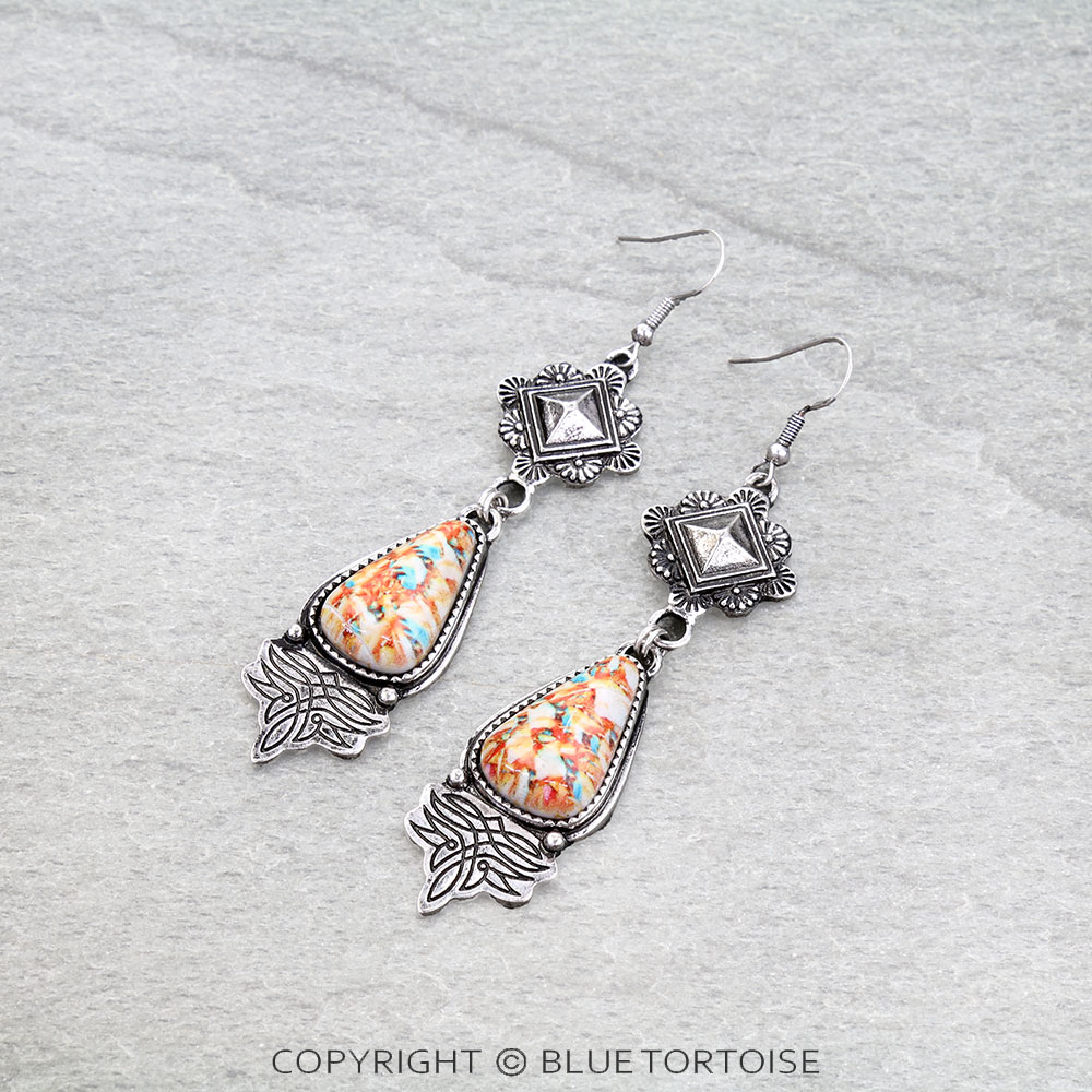 Western Boot Stitch Stone Dangle Earrings