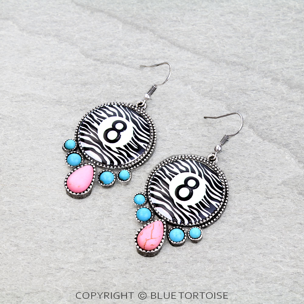 8 Ball Zebra Dangle Earrings