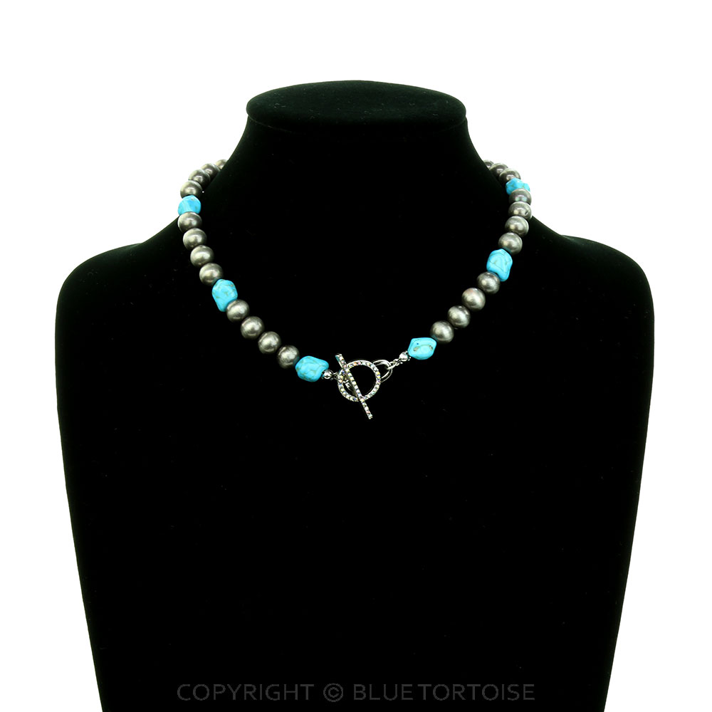 Navajo Style Pearl & TQ Necklace 8MM - Image 2