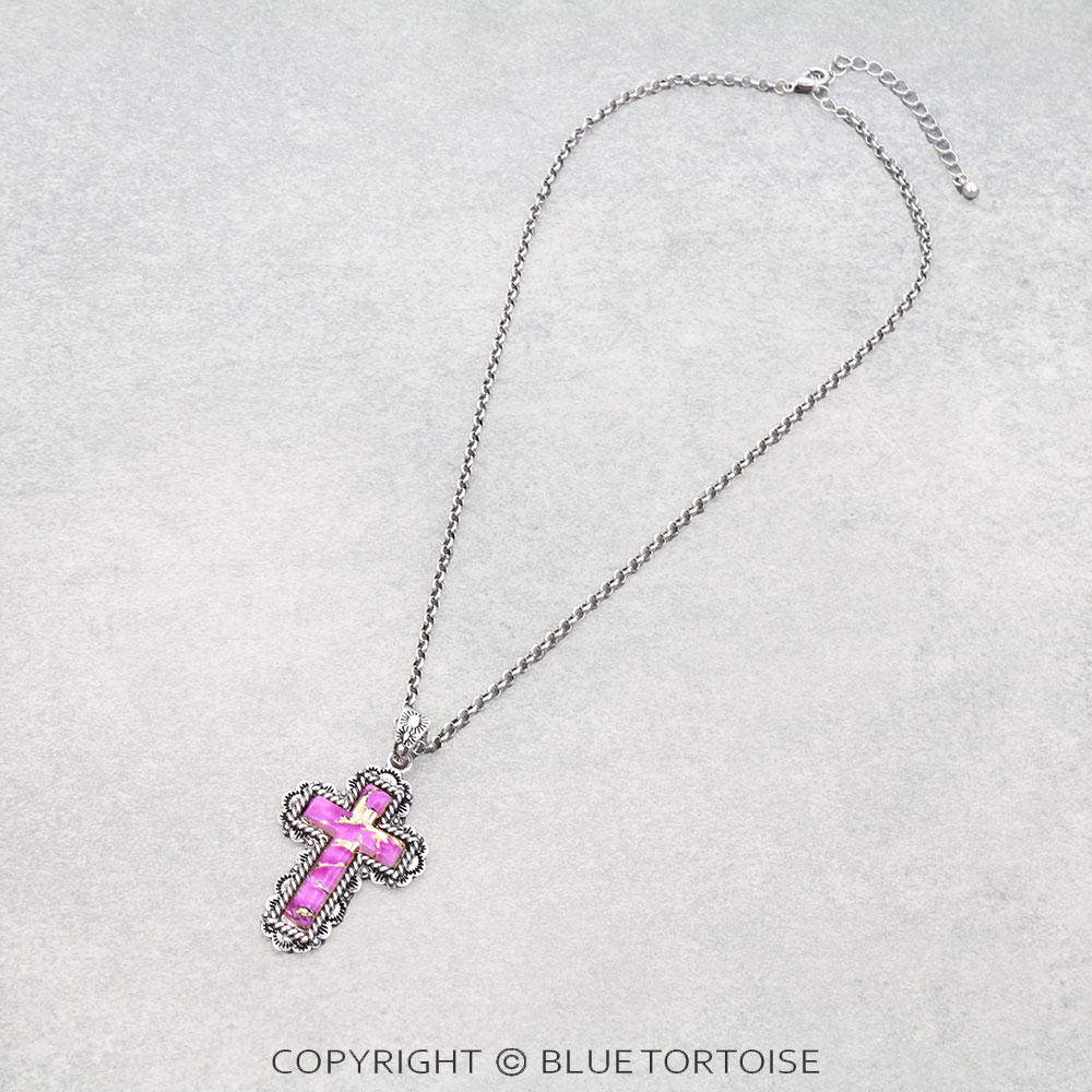 Western Cross Print w/ Stone Necklace
