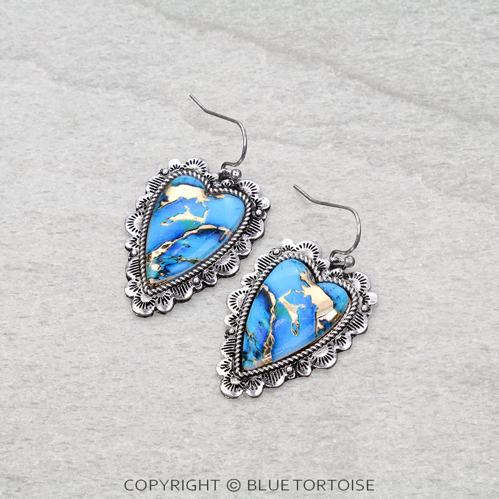 Western Heart Print w/ Stone Dangle Earrings