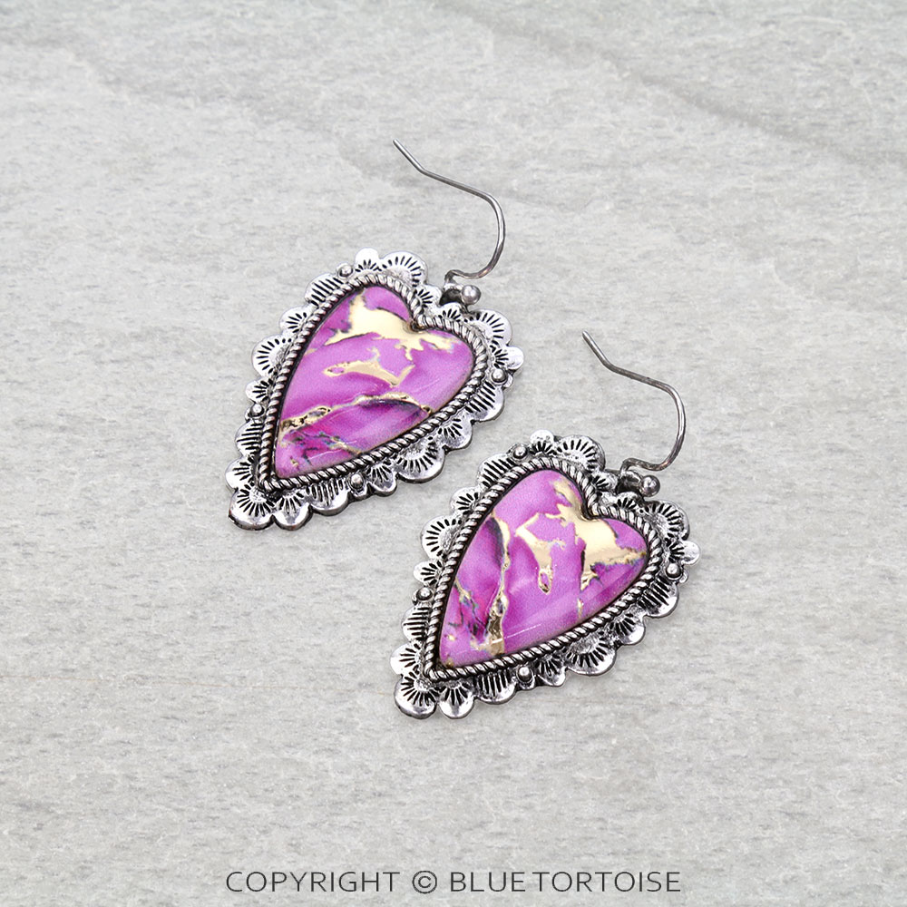 Western Heart Print w/ Stone Dangle Earrings