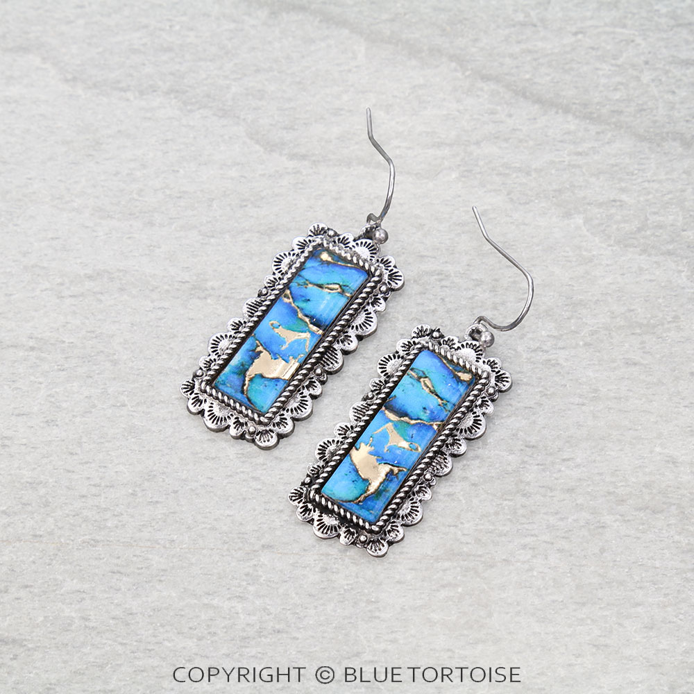Western Bar Print w/ Stone Dangle Earrings