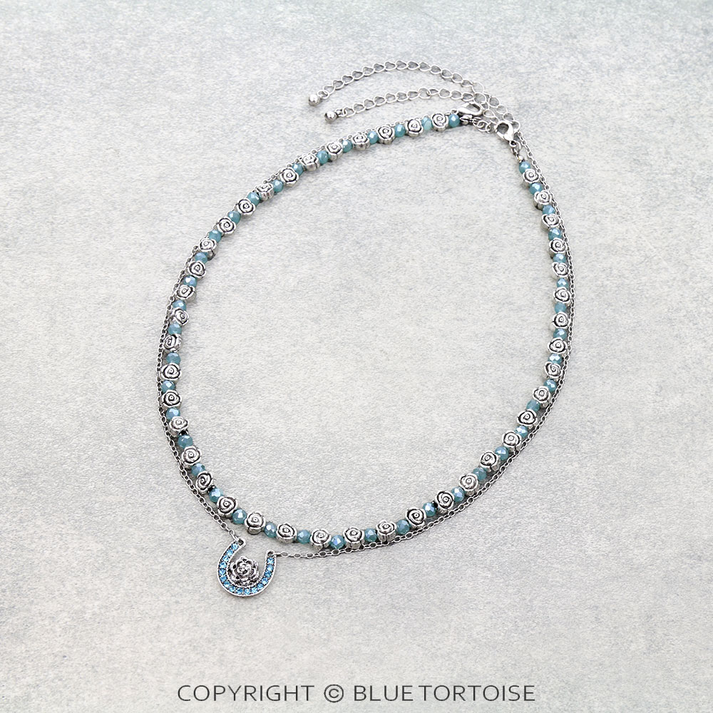 Horseshoe & Roses Mixed Bead 2 Layer Necklace