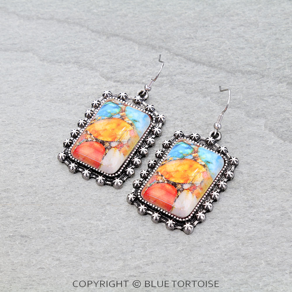 Western Rectangle Stone Dangle Earrings