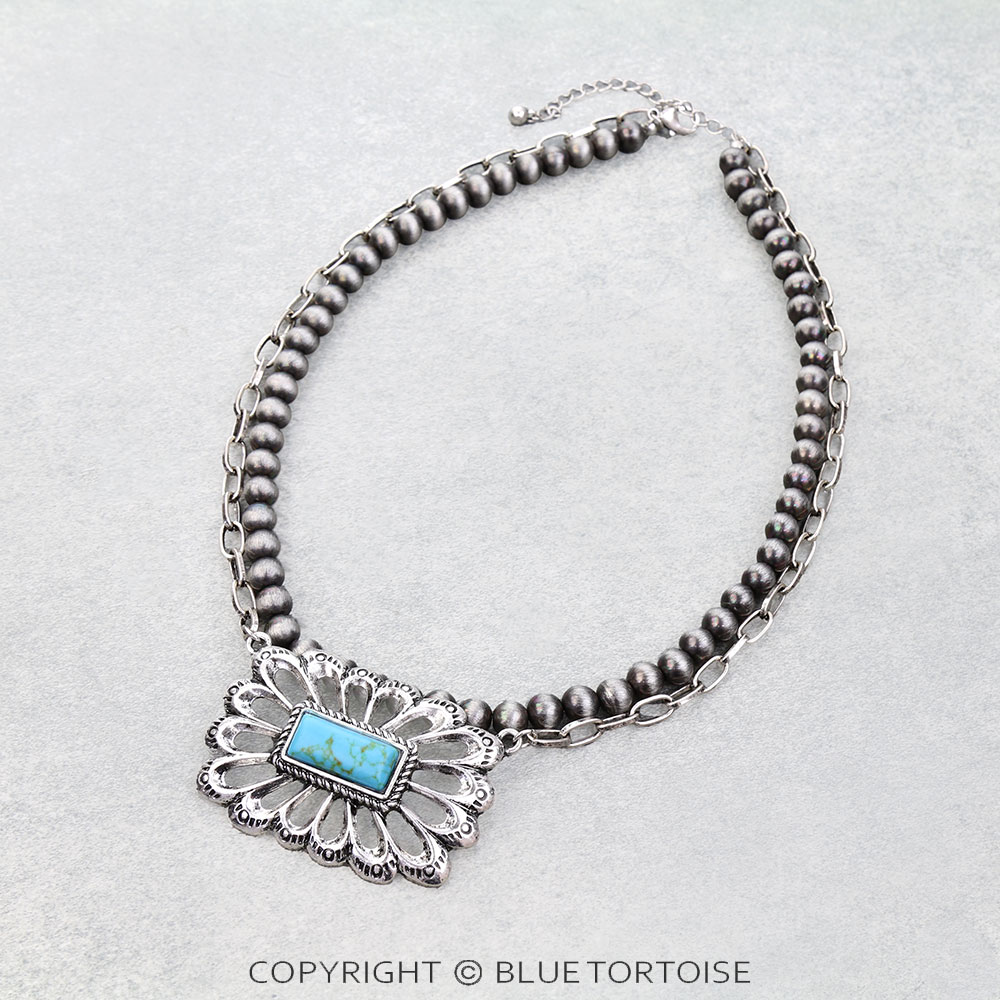2 Layered Navajo Style Pearl & Stone Bar Necklace
