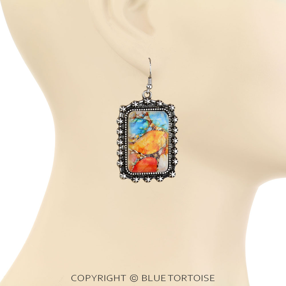 Western Rectangle Stone Dangle Earrings - Image 2