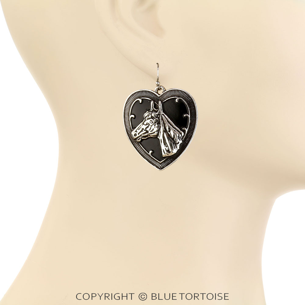 Western Horse Head Heart Dangle Earrings - Image 2