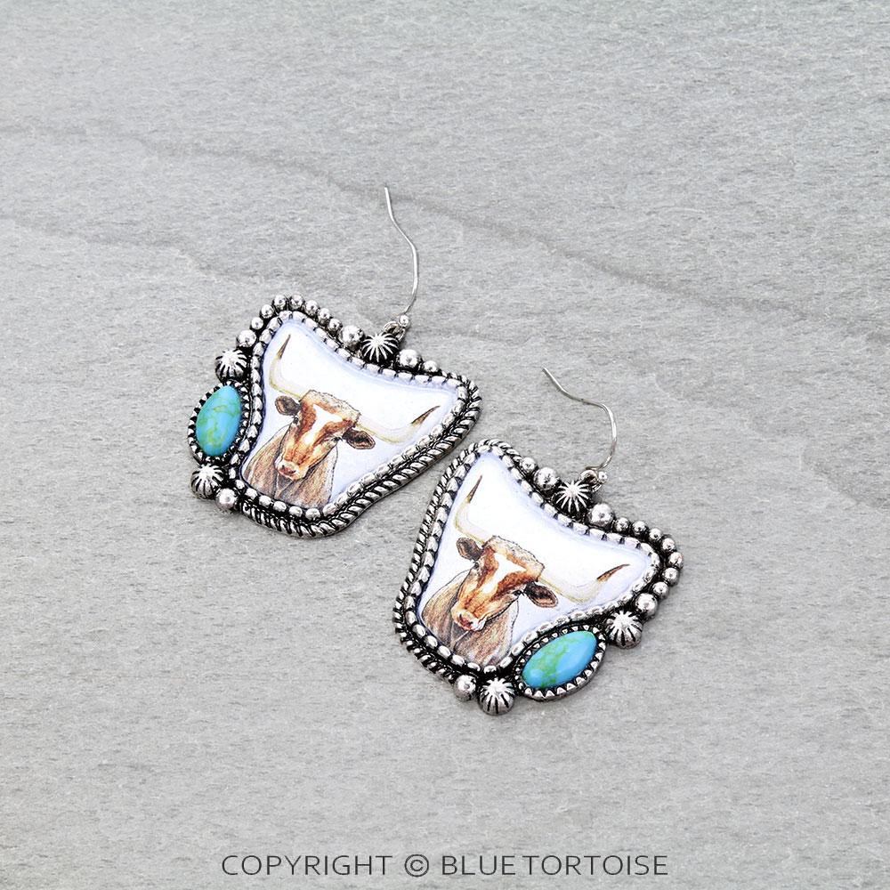 Western Steer Cow Print Stone Dangle Earrings