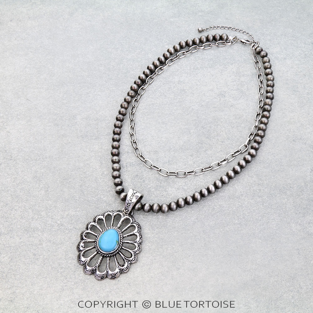 2 Layered Western Concho Stone Pendant Necklace