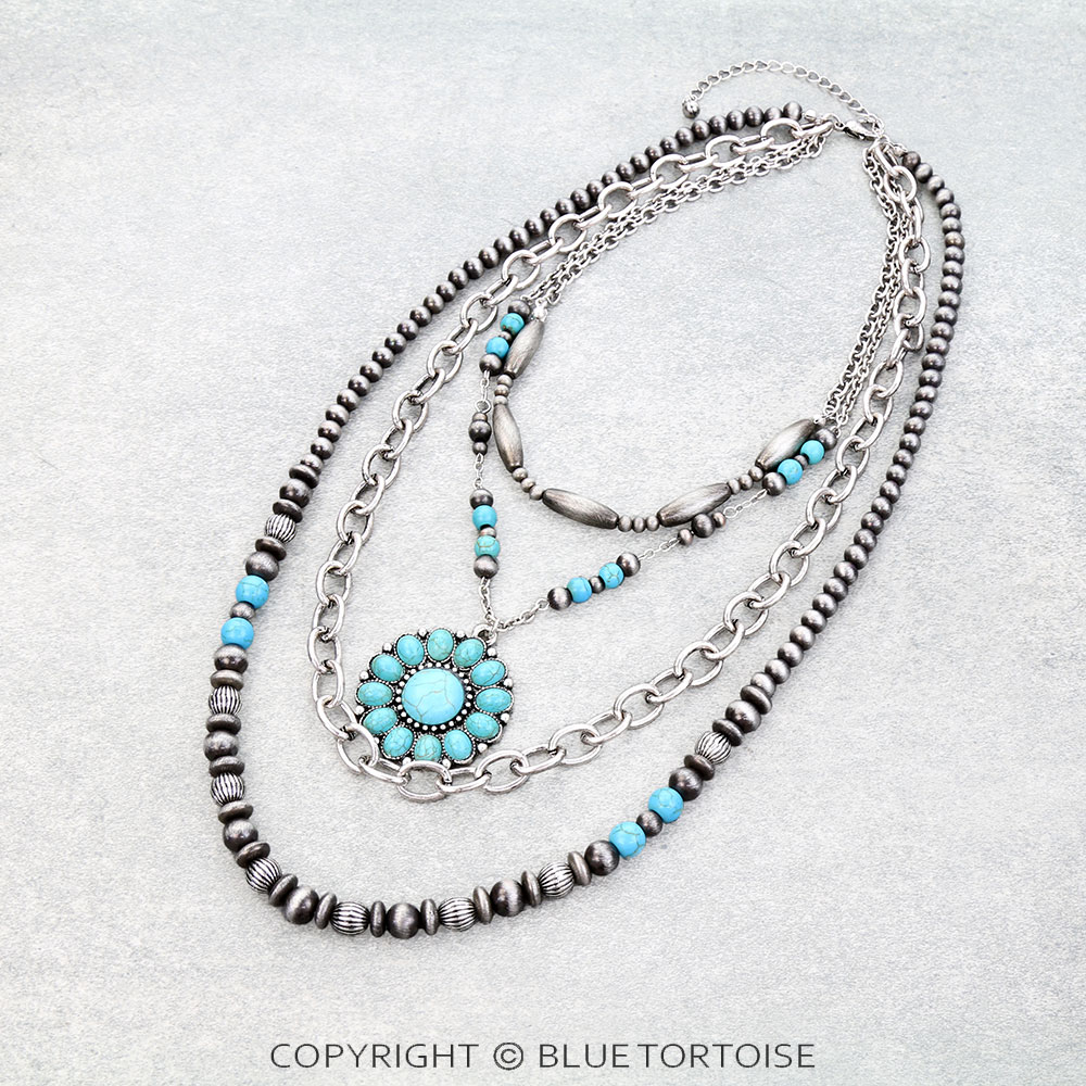 4 Layered Western Concho Stone Pendant Necklace