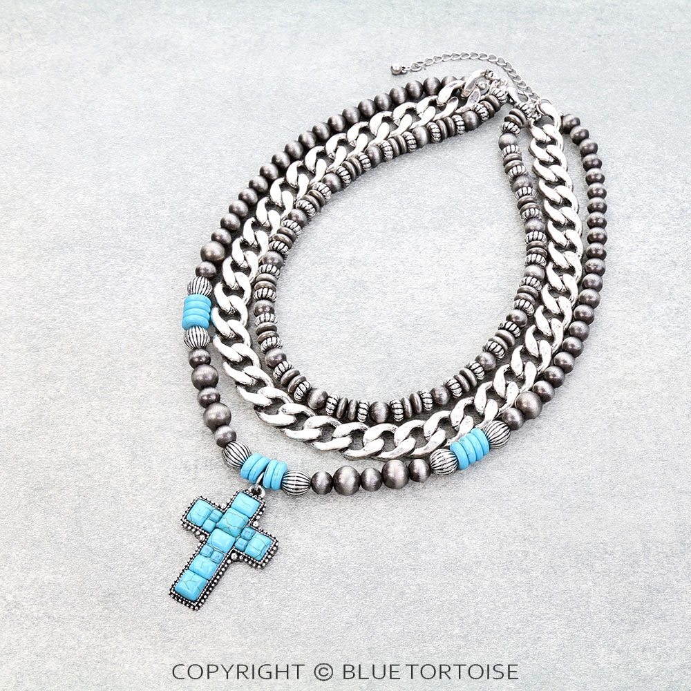3 Layered Western Cross Stone Pendant Necklace