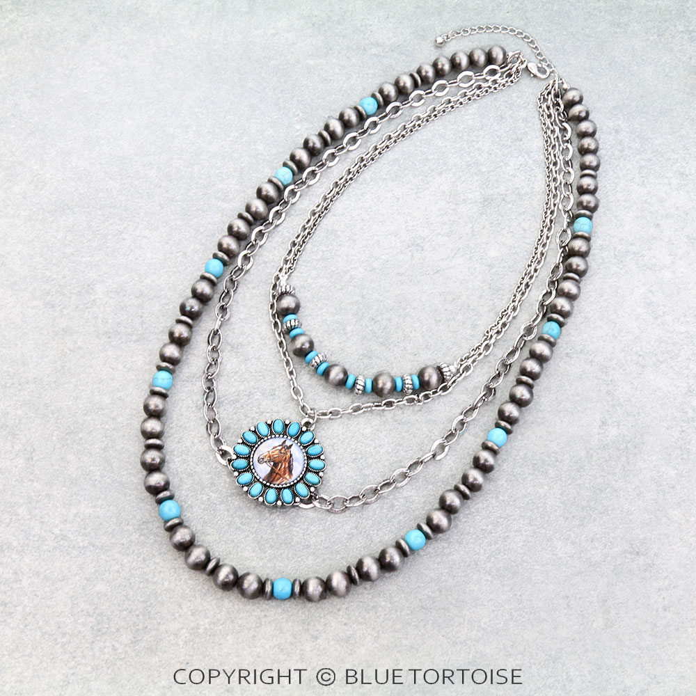 4 Layered Western Horse Print Stone Necklace