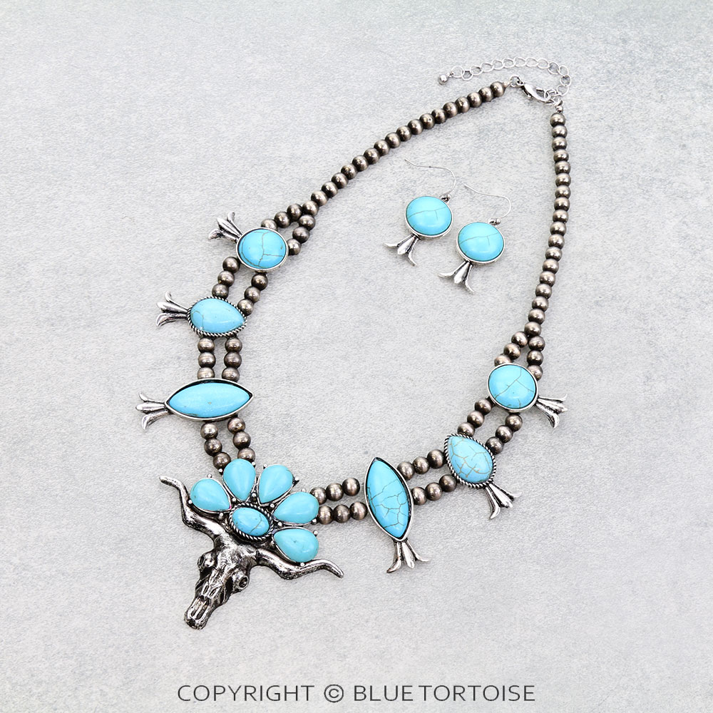 Western Steer Skull Stone Necklace Set