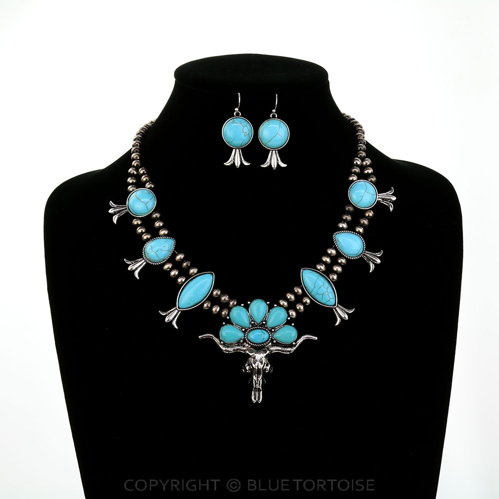 Western Steer Skull Stone Necklace Set - Image 2