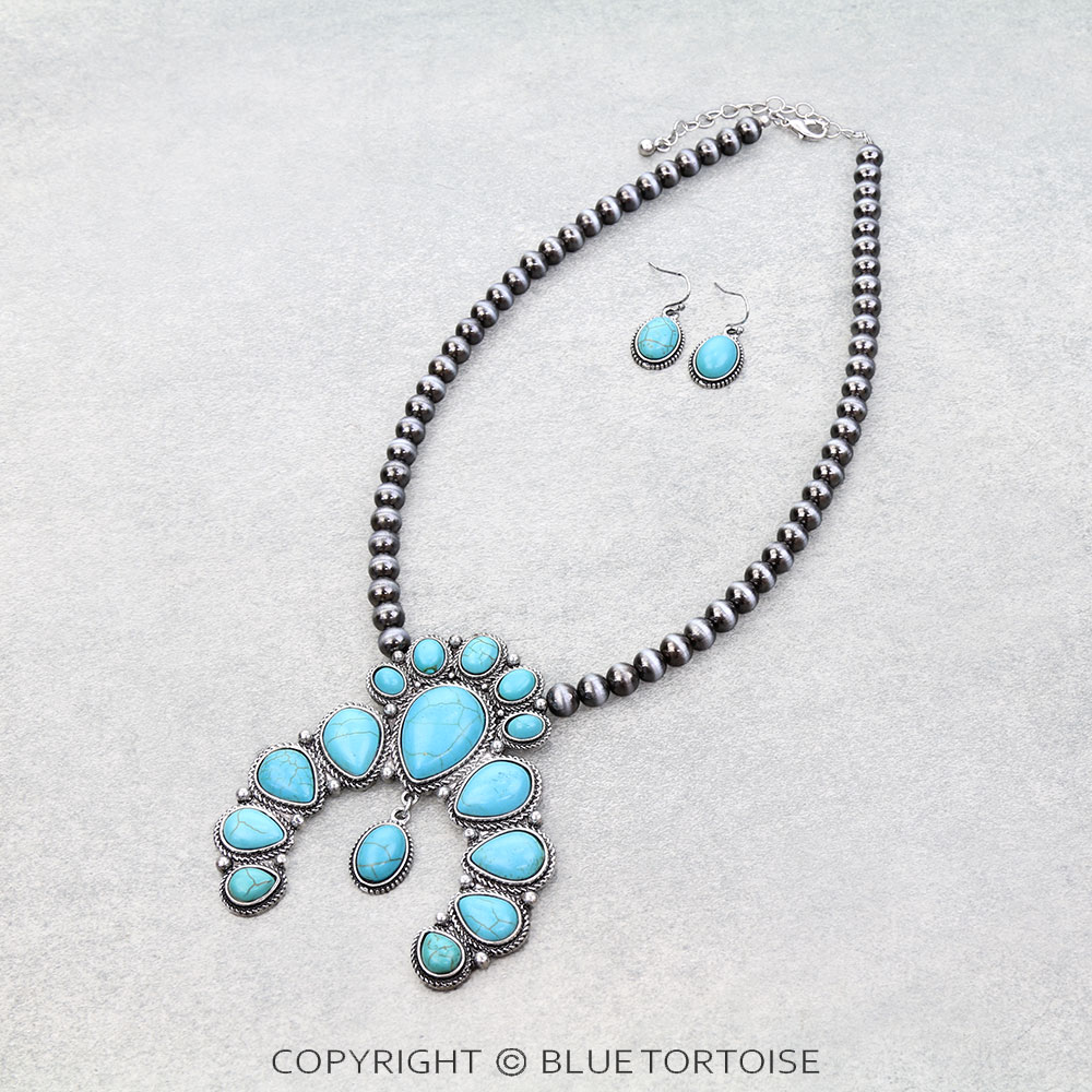 Western Squash Blossom Stone Pendant Necklace Set