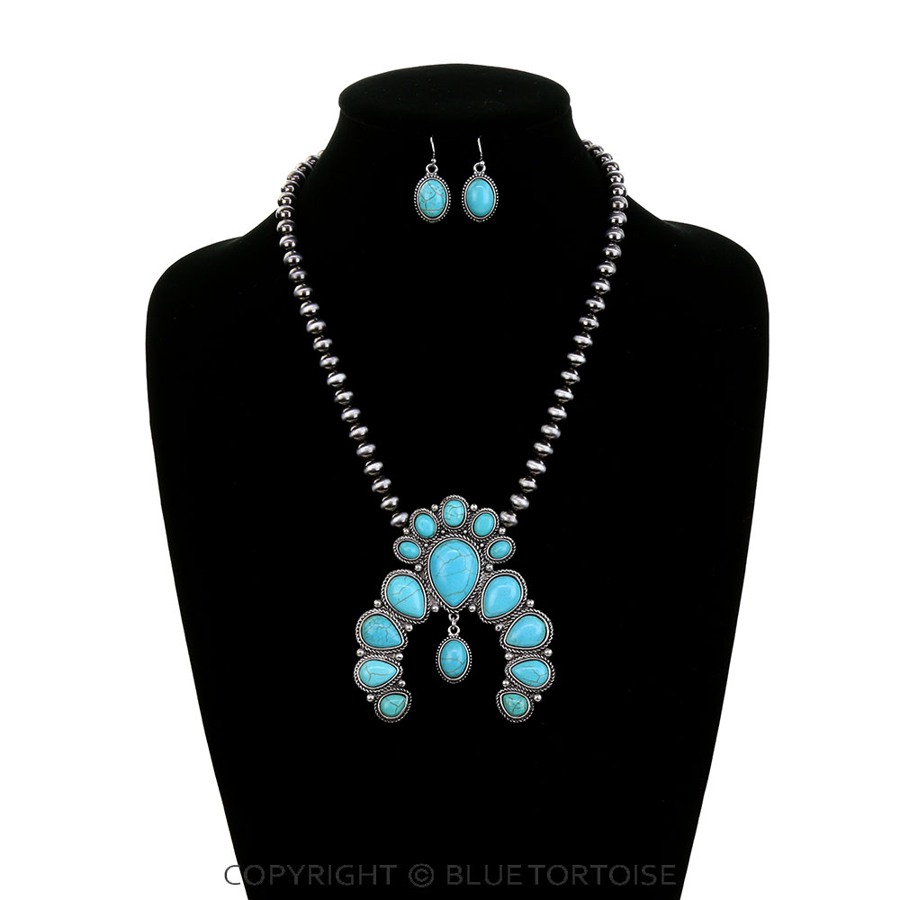 Western Squash Blossom Stone Pendant Necklace Set - Image 2