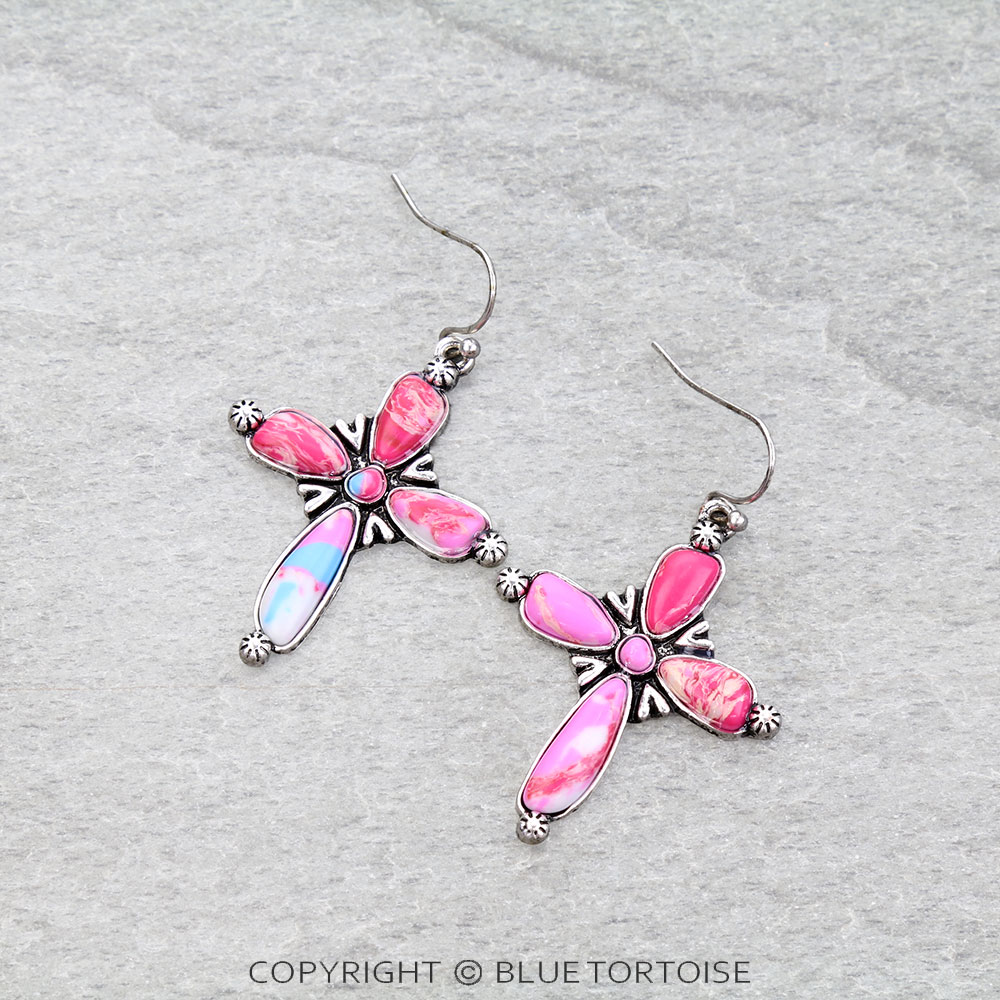 Western Cross Stone Dangle Earrings