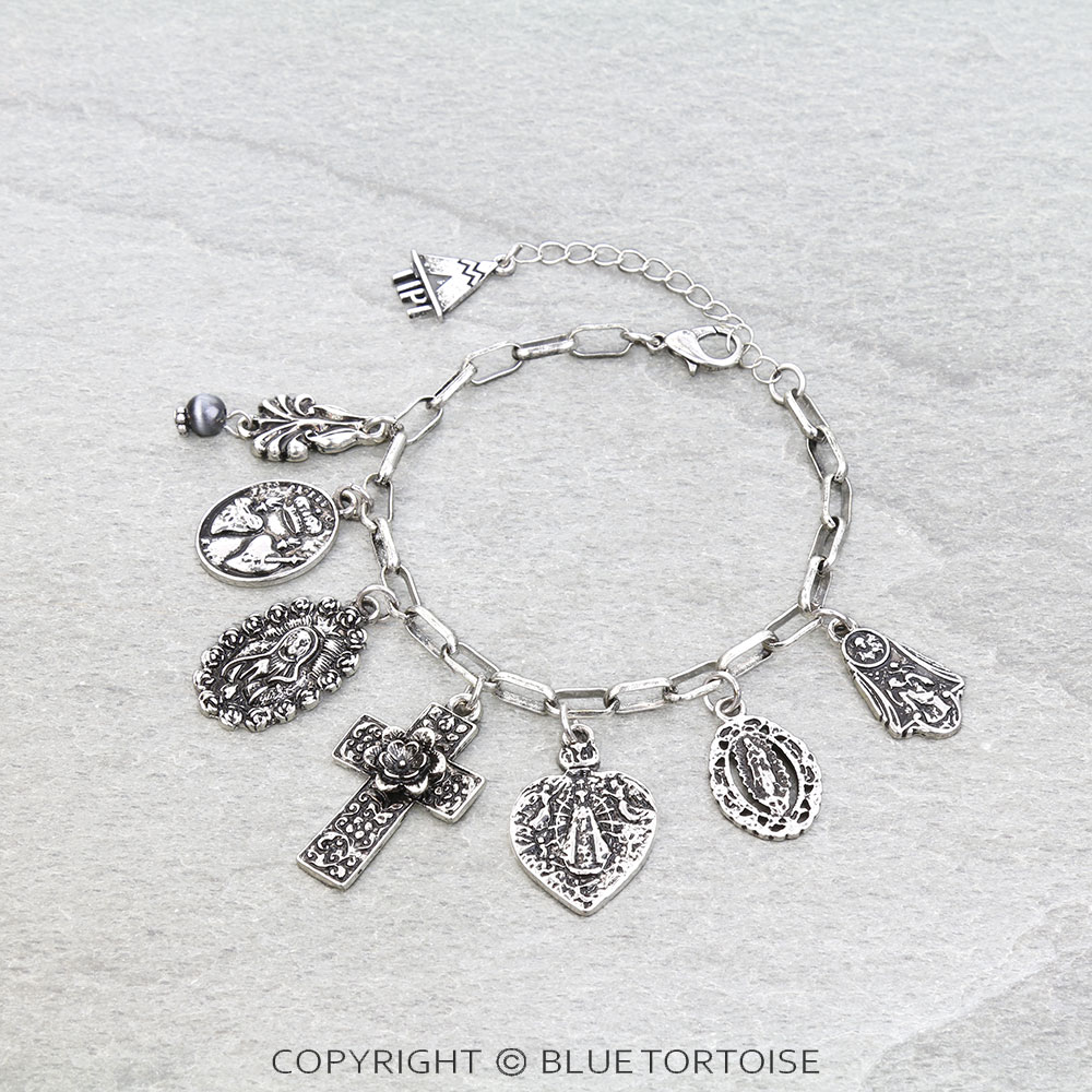 Western Flower Cross Charm Link Bracelet