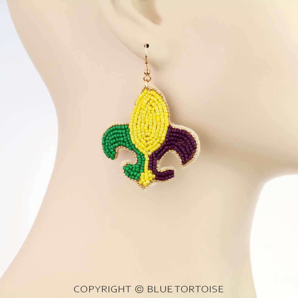 Mardi Gras Fleur De Lis Beaded Dangle Earrings – Bluetortoisewholesale