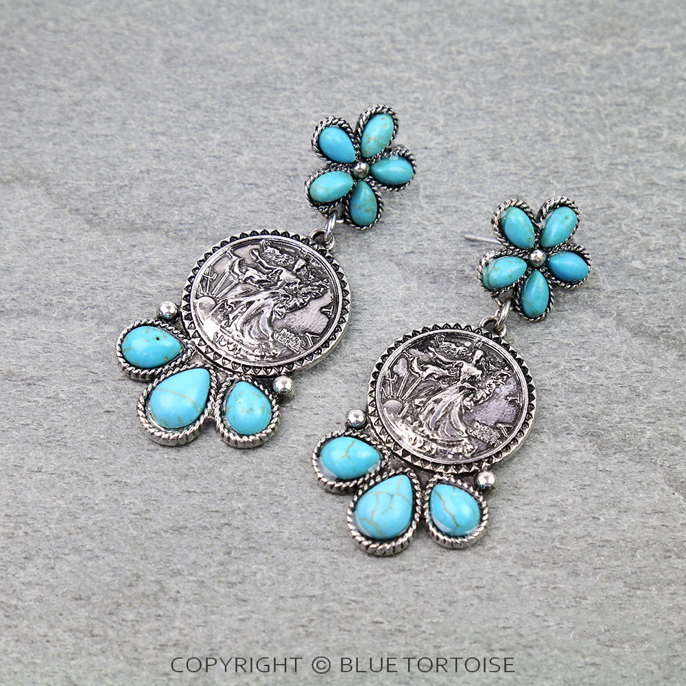 Western Coin Semi Stone Stud Earrings