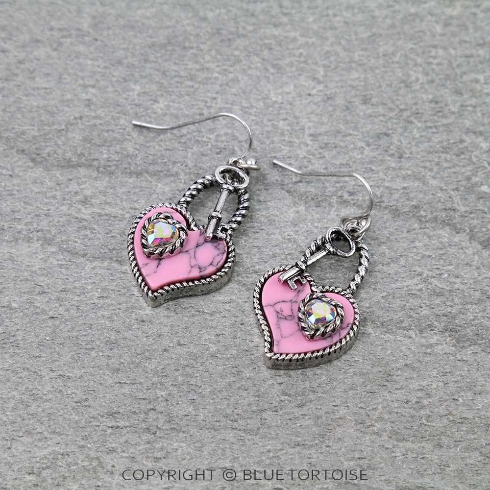 Western Heart Stone Lock Dangle Earrings