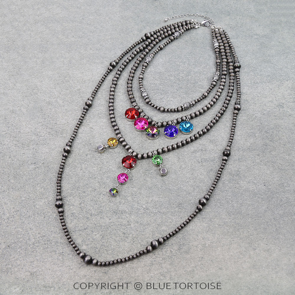 4 Layered Navajo Style Pearl & Rhinestone Necklace