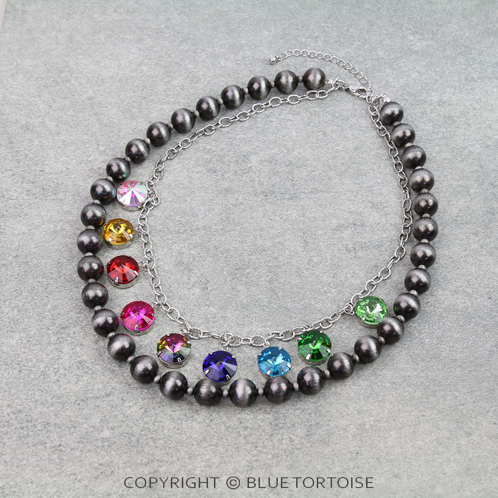 2 Layered Navajo Style Pearl & Rhinestone Necklace