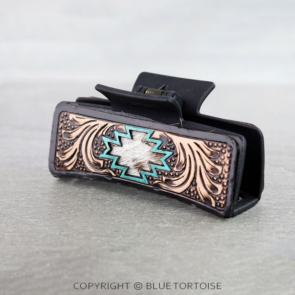Western Tooled Leather Hair Claw Clip - Aztec