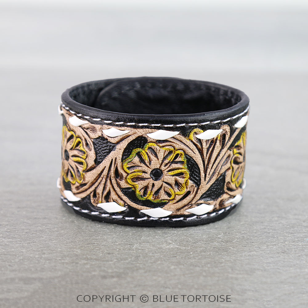 Western Genuine Tooled Leather Bracelet - Flower Pattern