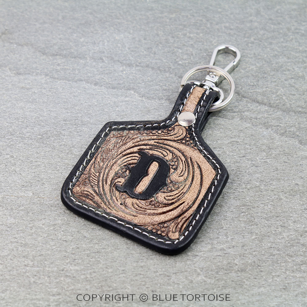 Western Ear Tag Initial Tooled Leather Keychain