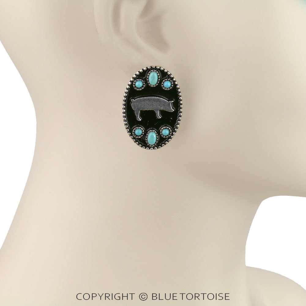 Western Oval Pig Silhouette Stud Earrings - Image 2