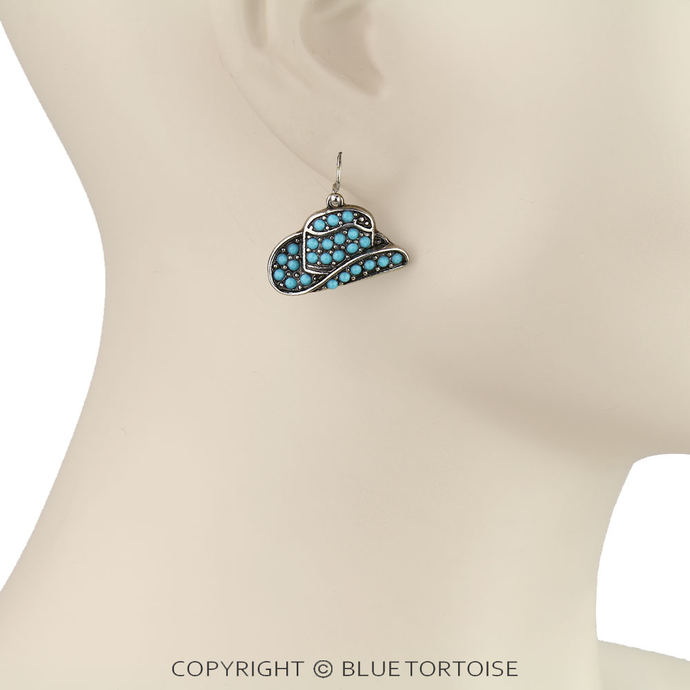 Western Cowboy Hat Paved Stone Dangle Earrings - Image 2