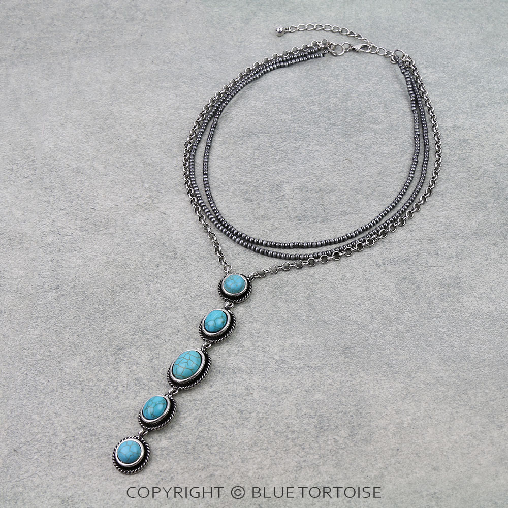 Western Oval Stone Drop 3Row Necklace