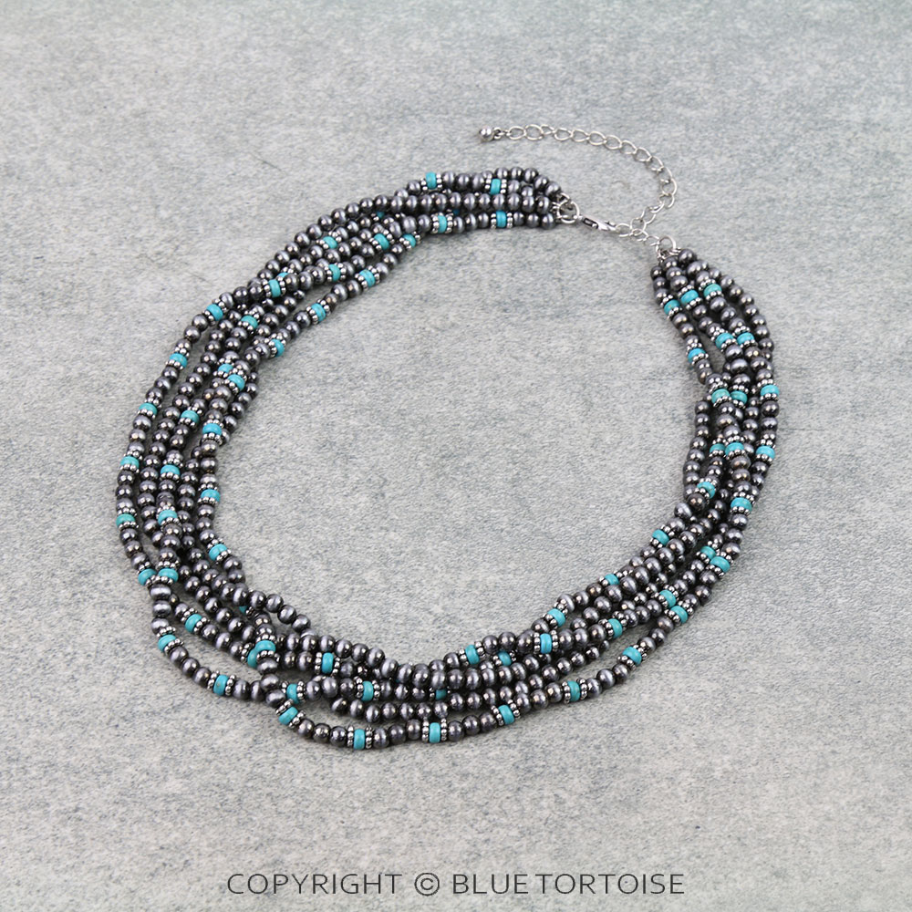 Western Navajo Style Pearl & Bead 5 Row Necklace