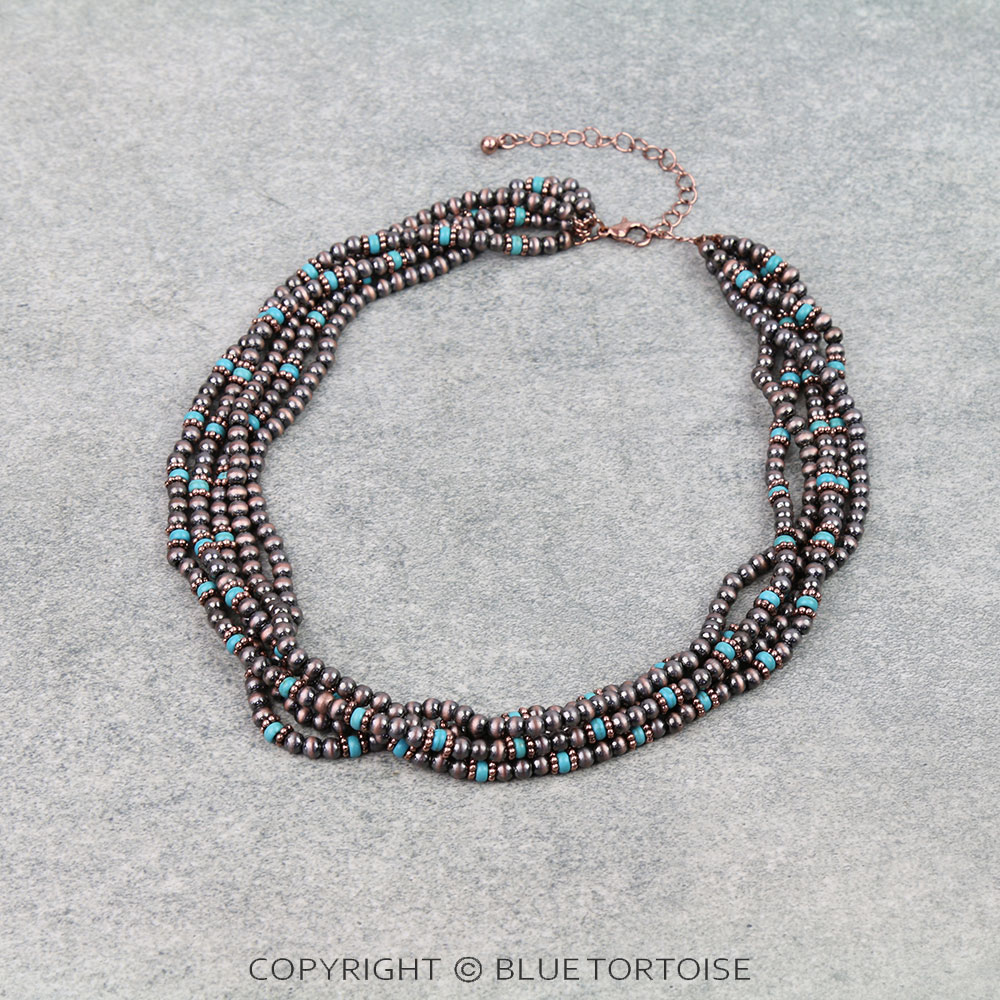 Western Navajo Style Pearl & Bead 5 Row Necklace