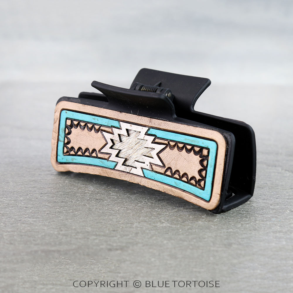 Western Tooled Leather Hair Claw Clip - Aztec