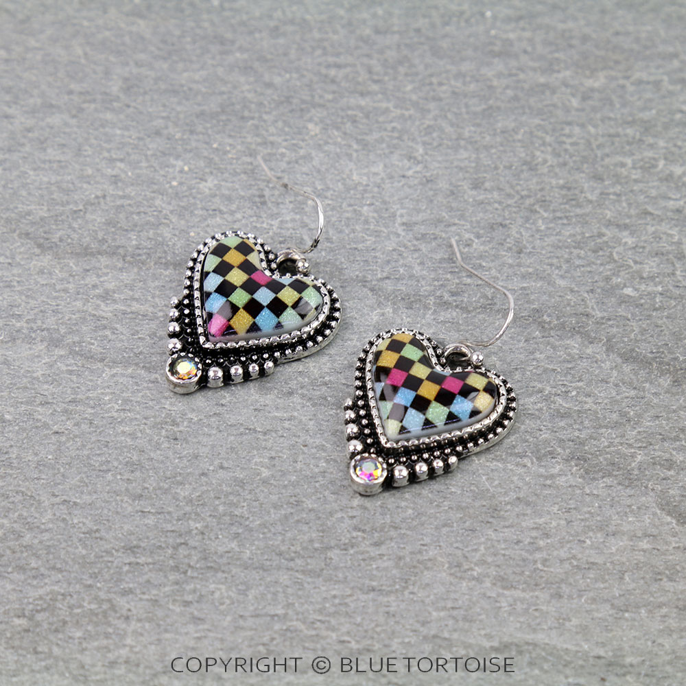 Heart Rainbow Checker Dangle Earrings