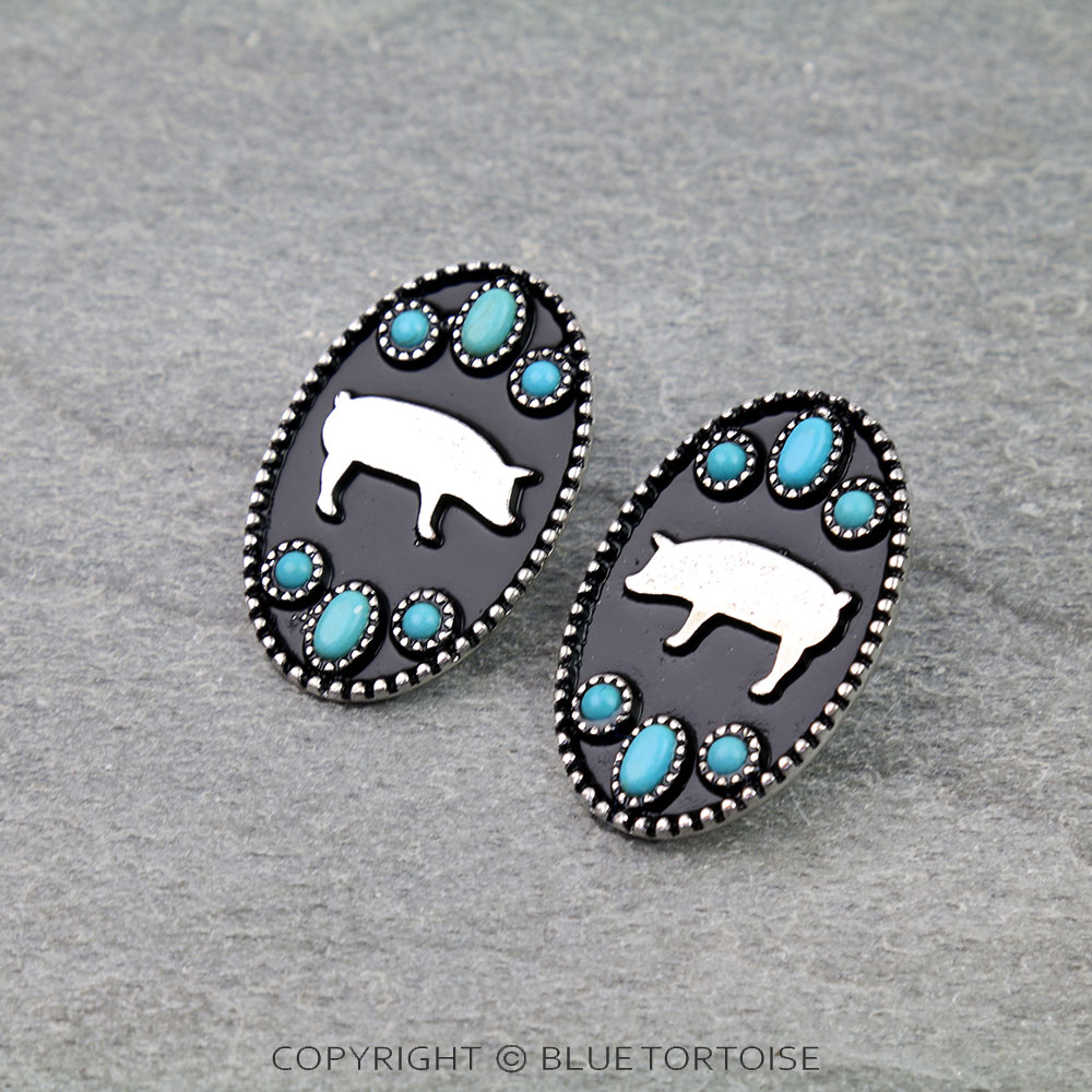 Western Oval Pig Silhouette Stud Earrings