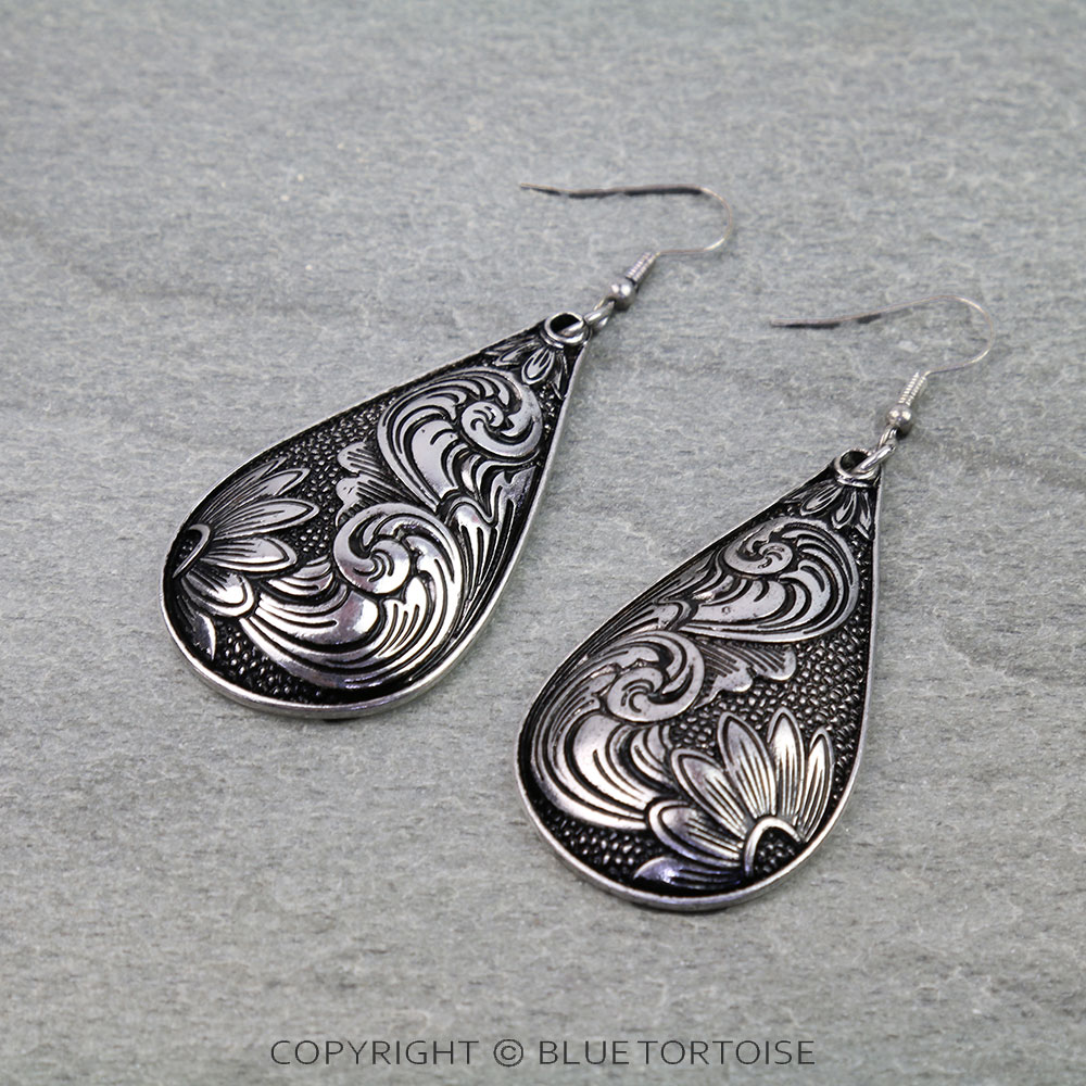 Western Teardrop Etched Dangle Earrings
