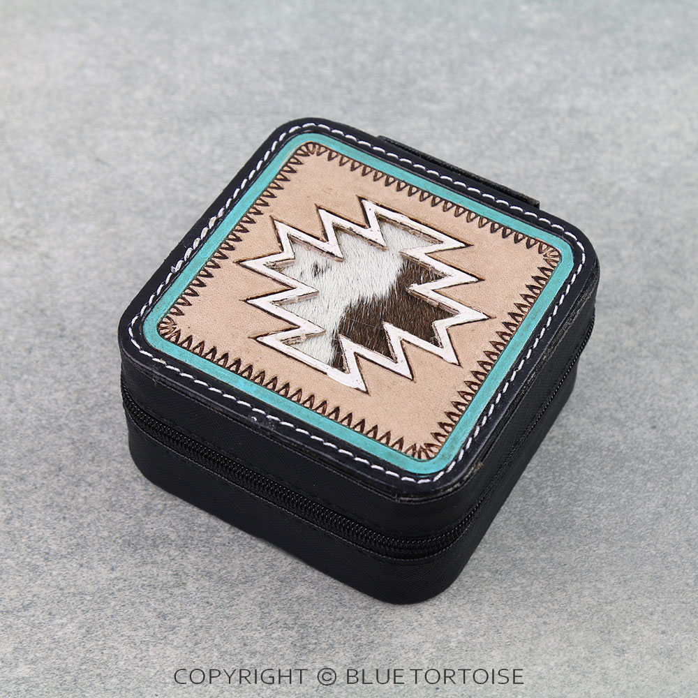 Western Tooled Leather Jewelry Box - Aztec