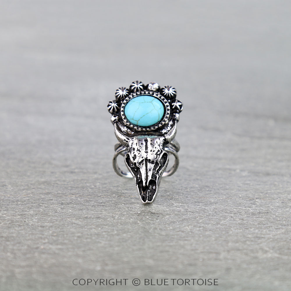 Western Steer Skull Stone Cuff Ring