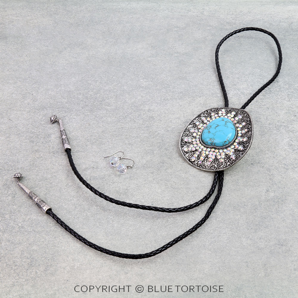 Western Cowboy Hat Stone Bolo Necklace Set